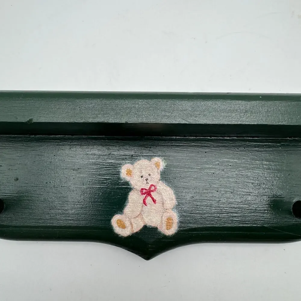 Vintage Teddy Bear Wood Wall Shelf Pegs Nursery Child's Room Green